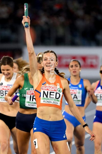 Femke Bol of The Netherlands celebrates after competing in the 4x400m relay women during the European Athletics Championships at Olimpico stadium. Rome (Italy), June 12nd, 2024. Team of the Netherlands placed first winning the gold medal