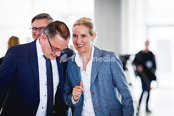 (R-L) Alice Weidel, AfD parliamentary group leader, and Tino Chrupalla, Federal Chairman of the AfD (Alternative for Germany), in front of a press statement in Berlin, 23 April 2024, Berlin, Germany, Europe
