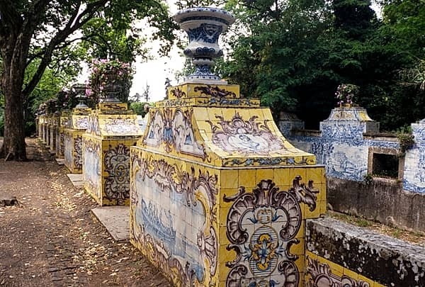 Azulejos, traditional Portuguese tiles, gardens in the National Palace of Queluz, Sintra, near Lisbon, Portugal, Europe