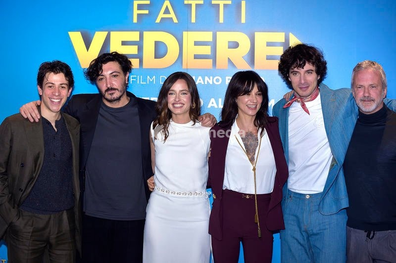 Italian actor Francesco Centorame, Italian director Tiziano Russo, Italian actress Matilde Gioli, Italian actress, director, musician and singer Asia Argento, Italian actor Pierpaolo Spollon and Italian film producer Roberto Proia attends Fatti Vedere Photocall at Cinema Barberini. Rome (Italy),…