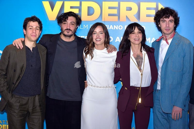 Italian actor Francesco Centorame, Italian director Tiziano Russo, Italian actress Matilde Gioli, Italian actress, director, musician and singer Asia Argento, Italian actor Pierpaolo Spollon and Italian film producer Roberto Proia attends Fatti Vedere Photocall at Cinema Barberini. Rome (Italy),…