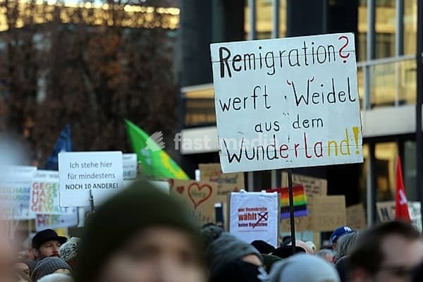 A critical anti-AFD placard addressed to AFD leader Alice Weidel at a demonstration in Nuremberg which was attended by around 25, 000 people. Nuremberg, Germany, Europe