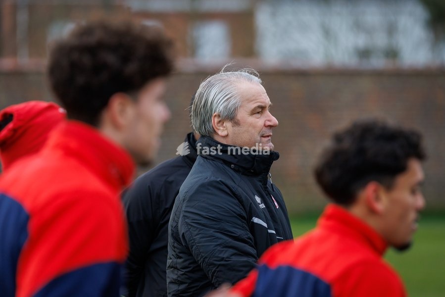 Kortrijk's new head coach Bernd Stock pictured during a training session of Belgian first division soccer team KV Kortrijk to present its new coach, Friday 21 February 2025 in Kortrijk. Storck is new head coach of KV Kortrijk. Czuczi joins the technical staff as assistant coach