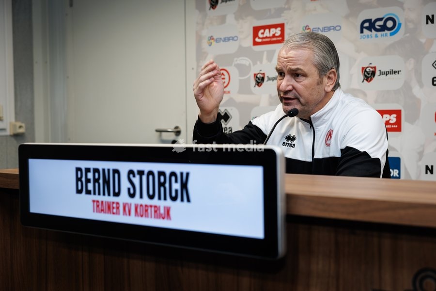 Kortrijk's new head coach Bernd Storck pictured during a press conference of Belgian first division soccer team KV Kortrijk to present its new coach, Friday 21 February 2025 in Kortrijk. Storck is new head coach of KV Kortrijk. Czuczi joins the technical staff as assistant coach