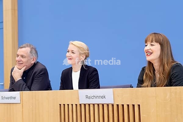 Jan van Aken (top candidate and party leader of Die Linke), Ines Schwerdtner (party leader of Die Linke) and Heidi Reichinnek (top candidate of Die Linke) at the press conference of Die Linke during the review of the election of the 21st German Bundestag on 24 February 2025