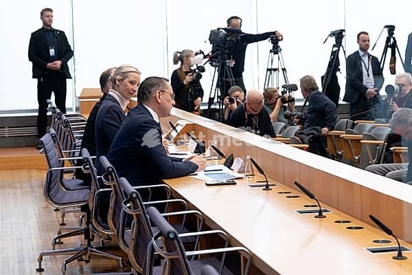 Tino Chrupalla (AfD federal spokesperson) and Dr Alice Weidel (AfD top candidate and party leader) at the AfD press conference during the review of the election of the 21st German Bundestag on 24 February 2025