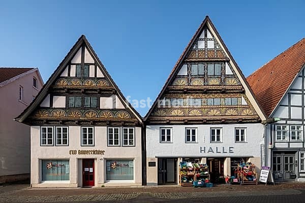 Lemgo, half-timbered houses Breite Straße 45 and 47 (Drakehaus, birthplace of Heinrich Drake)