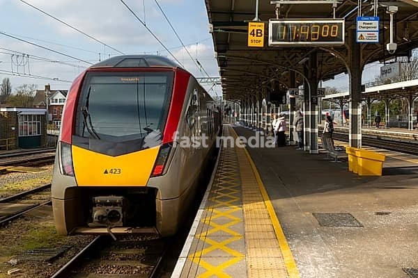 Greater Anglia, British Rail Class Stadler 755 bi-modal multiple unit passenger train arriving at Ipswich railway station, Suffolk, England, UK