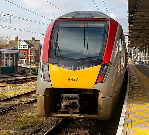 Greater Anglia, British Rail Class Stadler 755 bi-modal multiple unit passenger train arriving at Ipswich railway station, Suffolk, England, UK