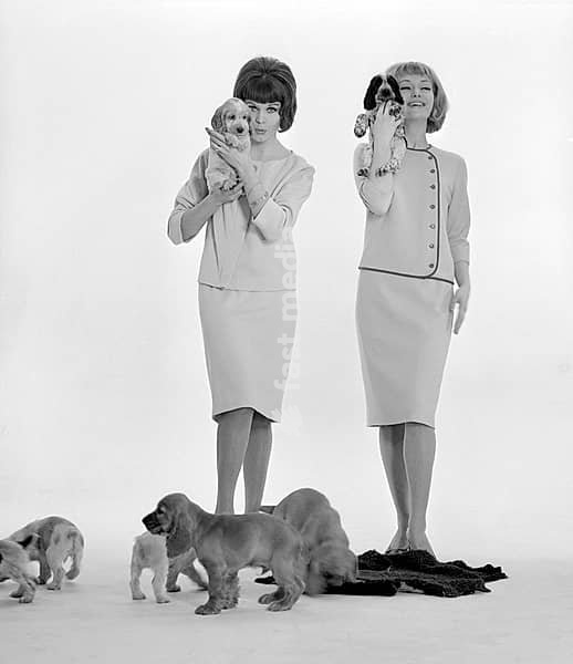 In the 1960s. Two fashion models, in typical 1960s outfits photographed in a studio. The two girls poses together with puppies. Sweden 1960s