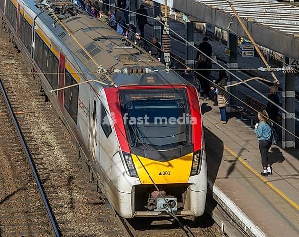 Greater Anglia, British Rail Class Stadler 755 bi-modal multiple unit passenger train arriving at Ipswich railway station, Suffolk, England, UK