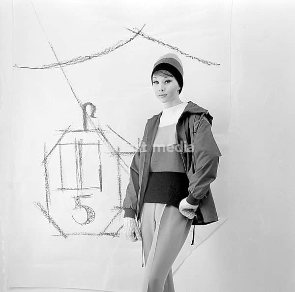 In the 1960s. A fashion model, in typical 1960s winter clothes in a studio. The trousers are made of synthetic material, so is the practical nylon jacket. Sweden 1960s