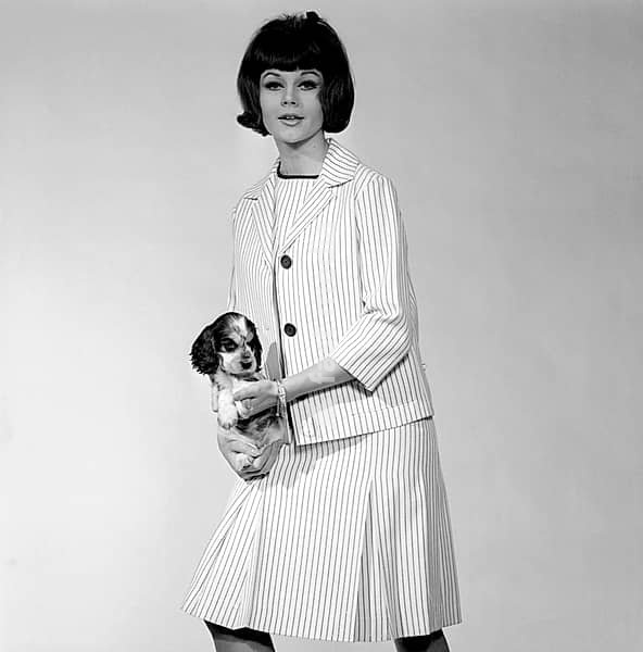 In the 1960s. One fashion models, in typical 1960s outfit photographed in a studio. The girl poses together with a puppy. Sweden 1960s