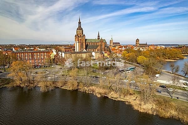 City view of Stralsund with St Mary's Church seen from the air, Mecklenburg-Vorpommern, Germany, Europe