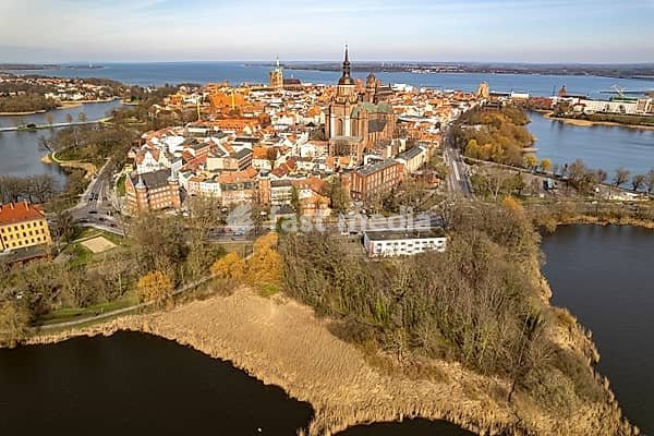 City view of Stralsund with St Mary's Church seen from the air, Mecklenburg-Vorpommern, Germany, Europe