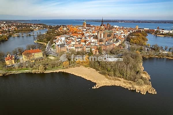 City view of Stralsund with St Mary's Church seen from the air, Mecklenburg-Vorpommern, Germany, Europe