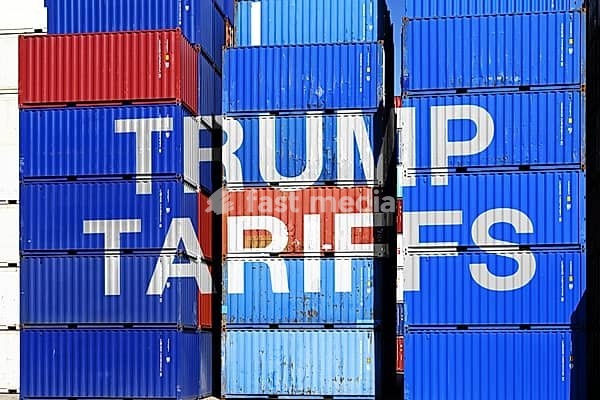 Stacked containers labelled Trump tariffs, symbolic photo customs dispute and punitive tariffs, photomontage