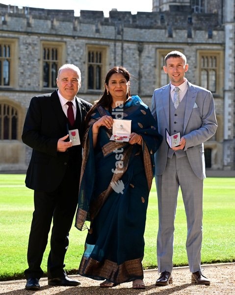 (L-R) Lee Castleton, Misra Seema, & Christopher Head, Campaigners for Subpostmasters, OBE. Pictured at Windsor Castle, UK. April 16, 2025