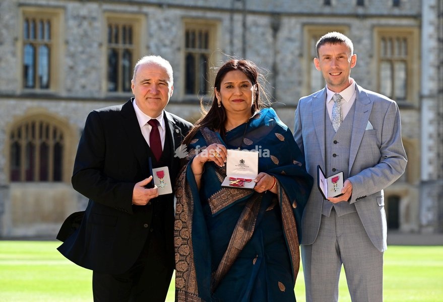 (L-R) Lee Castleton, Misra Seema, & Christopher Head, Campaigners for Subpostmasters, OBE. Pictured at Windsor Castle, UK. April 16, 2025
