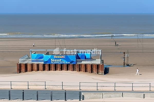 MDK test dyke equipped with sensors to measure wave overtopping during storms on beach along the North Sea coast at Raversijde, West Flanders, Belgium, Europe