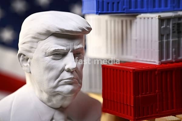Bust of US President Donald Trump in front of stacked containers, trade policy and import tariffs