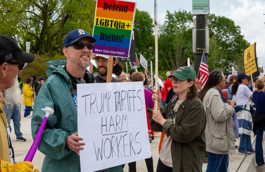 Detroit, Michigan, Labor organizations protest President Trump's 'war on working people' with a march and rally on May Day, the traditional International Workers Day